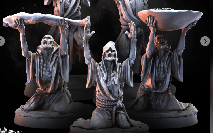 3 praying cultists by Bestiarum Miniatures, is a proxy for Grail Thrall, in Cult of the Black Grail.
