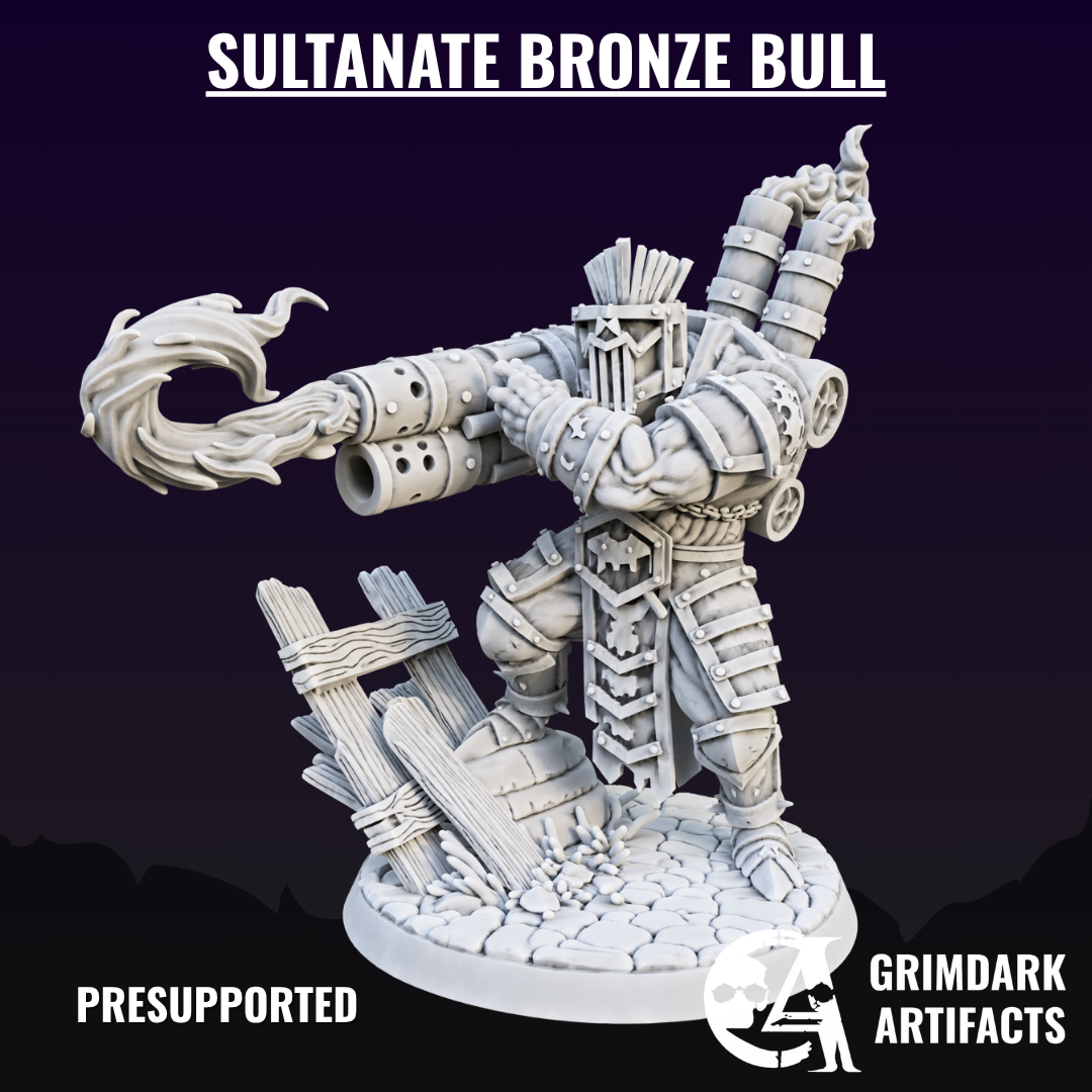 Sultanate Bronze Bull - 3D Print Ready Presupported by Grimdark Artifacts, is a proxy for Brazen Bull, in Iron Sultanate.