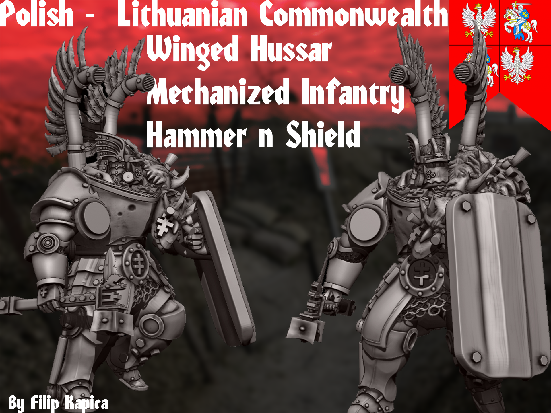 Trench War Crusading Winged Hussar Mechanized Infantry Hammer and Shield by Fat Rat Minitures, is a proxy for Mechanised Heavy Infantry, in The Principality of New Antioch.