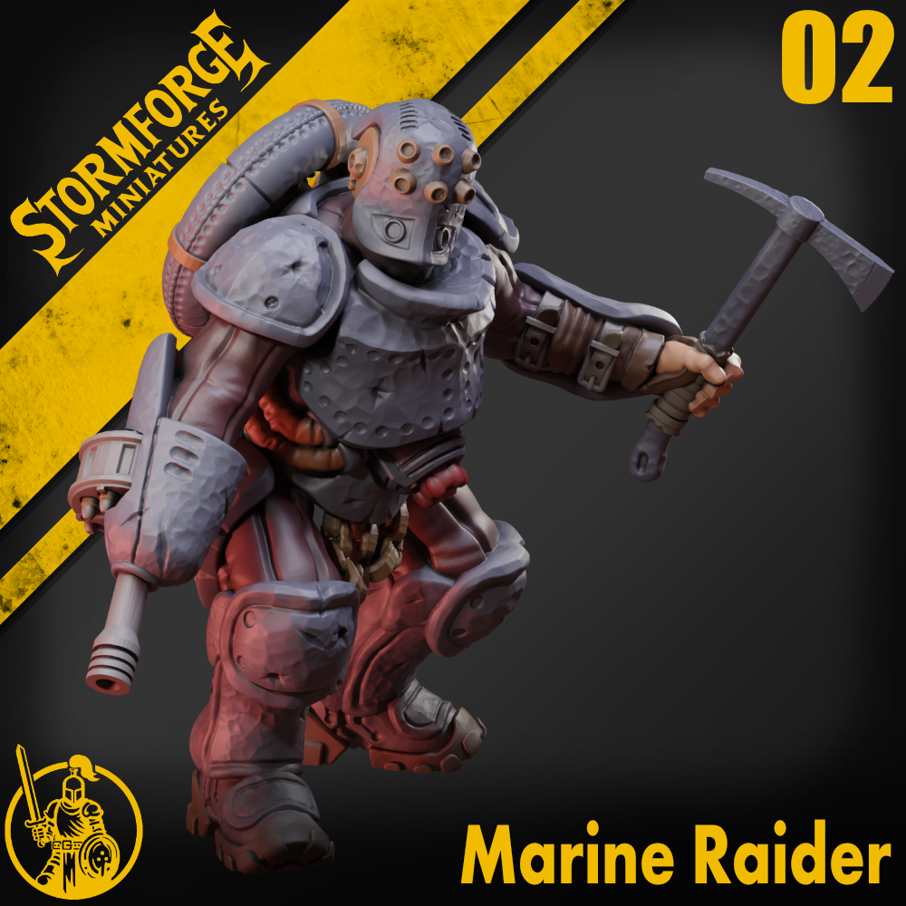 Heavy Marine Raider 02 for Trench Crusade by Stormforge Miniatures, is a proxy for Anointed Heavy Infantry, in Heretic Legion.