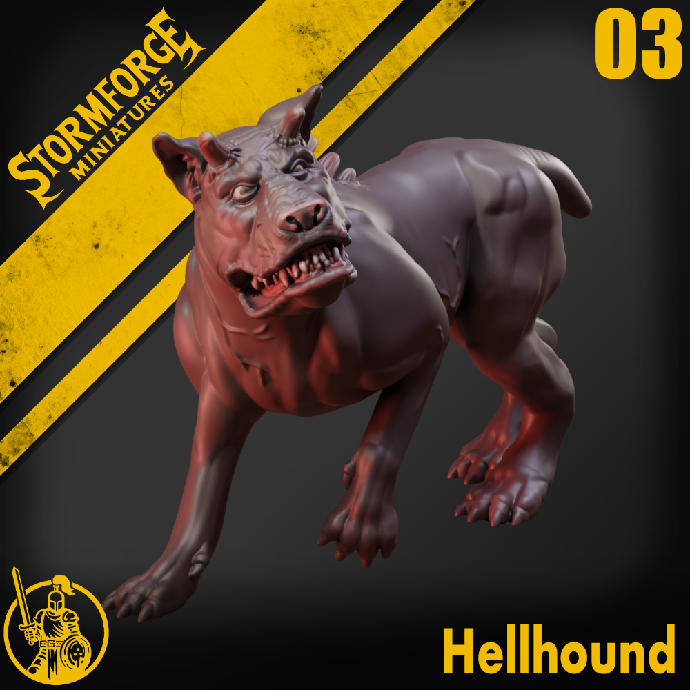 Hell Hound 03 by Stormforge Miniatures, is a proxy for Trench Dog (hell Hound), in Court of the Seven Headed Serpent, Cult of the Black Grail.