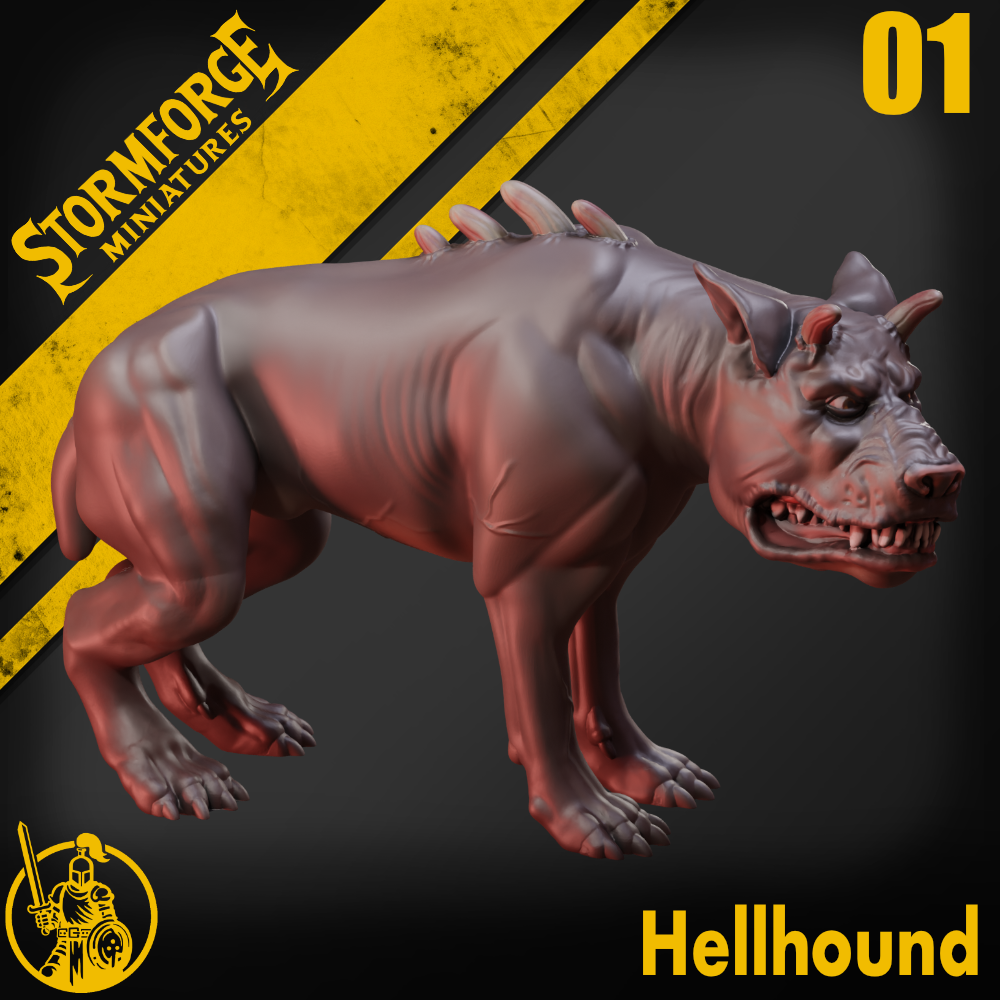 Hell Hound 01 by Stormforge Miniatures, is a proxy for Trench Dog (hell Hound), in Court of the Seven Headed Serpent, Cult of the Black Grail.
