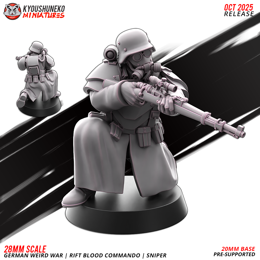 Sniper | Rift Blood Commando | German Weird War by Kyoushuneko Miniatures, is a proxy for Anointed Heavy Infantry, Heretic Trooper, in Heretic Legion.