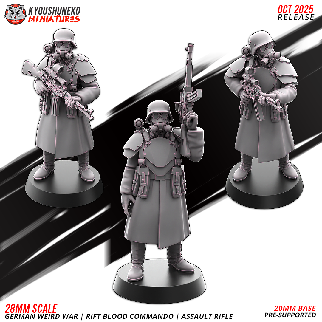 Assault Rifle | Rift Blood Commando | German Weird War by Kyoushuneko Miniatures, is a proxy for Anointed Heavy Infantry, Heretic Trooper, in Heretic Legion.