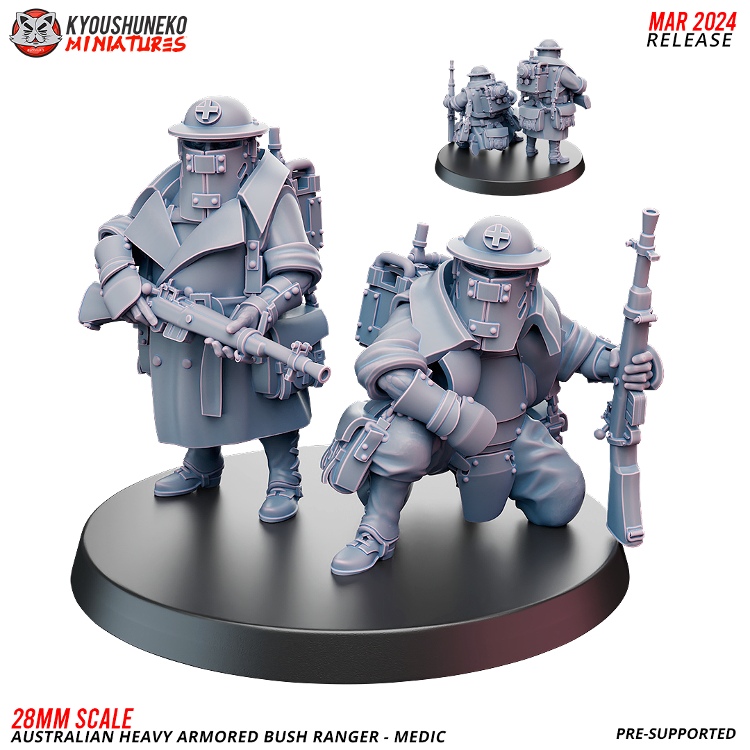 Medic Team - Australian Heavy Armored Bush Ranger  ww2 by Kyoushuneko Miniatures, is a proxy for Shocktrooper, Yeoman, in The Principality of New Antioch.