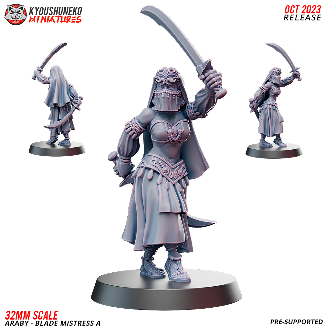 Araby Blade Mistress A by Kyoushuneko Miniatures, is a proxy for Assassin Acolyte, Master Assasin, Sultanate Assasin, in Iron Sultanate.
