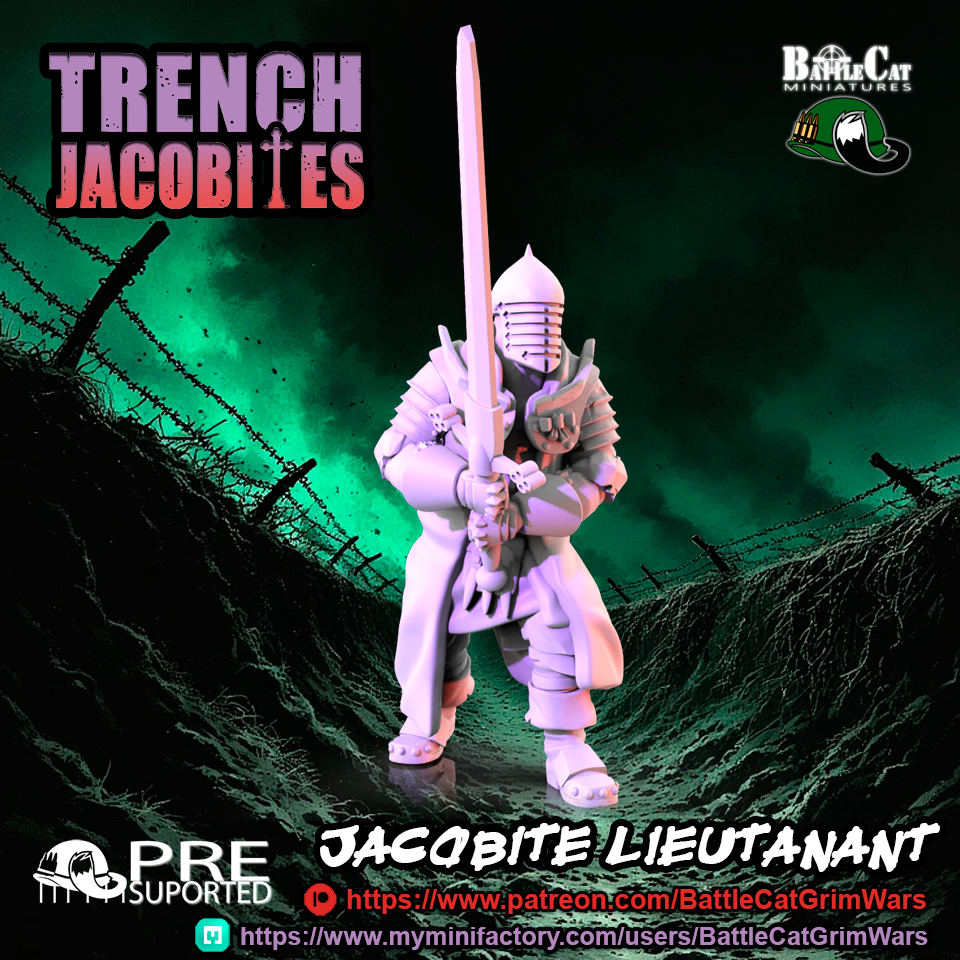 Trench Jacobite Lieutanant by BattleCat Grim Wars, is a proxy for Lieutenant, Shocktrooper, Yeoman, in The Principality of New Antioch.