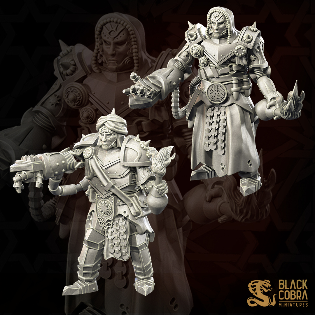 Iron Alchemists by Black Cobra Miniatures, is a proxy for Jabirian Alchemist, in Iron Sultanate.
