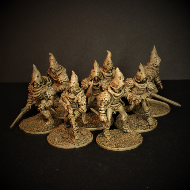 6 Modular Shroom Cultists by Knucklebones Miniatures, is a proxy for Corpse Guard, Heretic Trooper, in Cult of the Black Grail, Heretic Legion.
