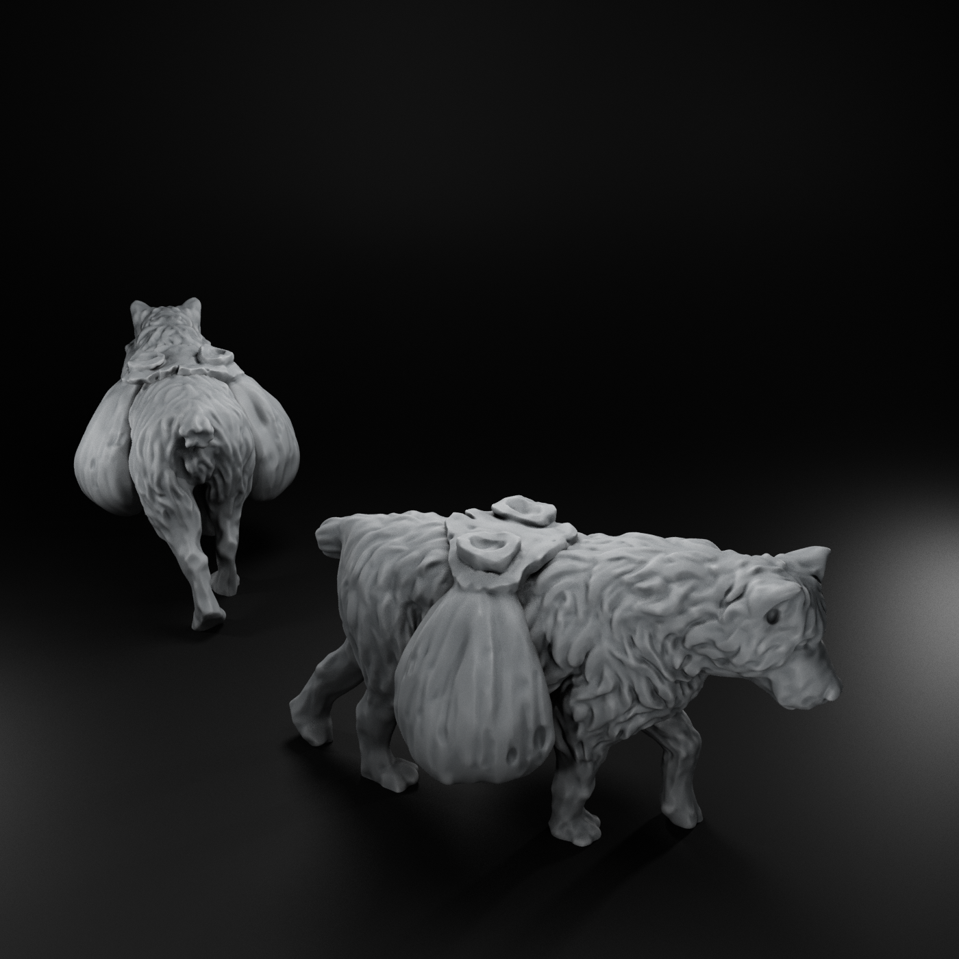Traveling Pack Dog - Supply Hound with Saddlebags - Merchant Escort by StoneAxe Miniatures, is a proxy for Mercy Dog, Trench Dog, in The Principality of New Antioch.
