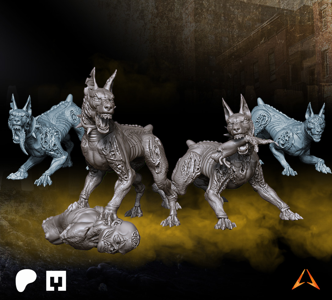 Zombie DOG Doberman Monster 4 Poses by Aftermath Studios, is a proxy for Hound of the Black Grail, in Cult of the Black Grail.