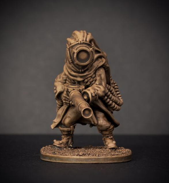 Underminer with Lewis Gun by Knucklebones Miniatures, is a proxy for Heretic Trooper, Shocktrooper, in Heretic Legion, The Principality of New Antioch.