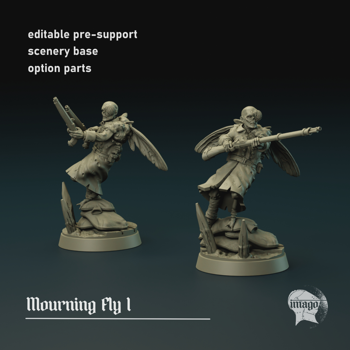 Modular Mourning Fly 1 (pre-supported) by Imago Miniatures, is a proxy for Cradle Fly Thrall, Fly Bereaved, Fly Thrall, in Cult of the Black Grail.