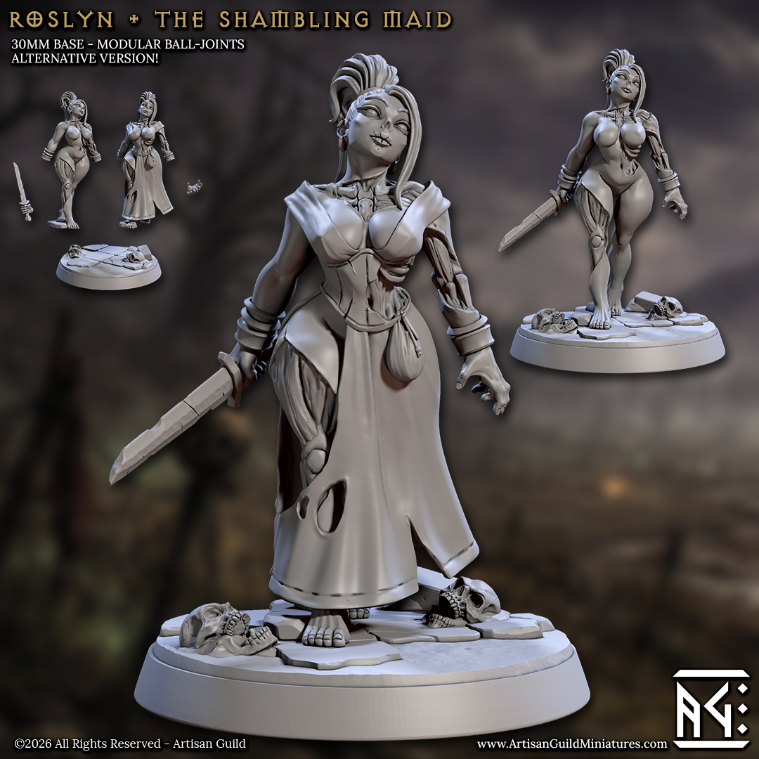 Roslyn the Shambling Maid - Pinup (March of the Zombie Walkers) by Artisan Guild, is a proxy for Corpse Guard, in Cult of the Black Grail.