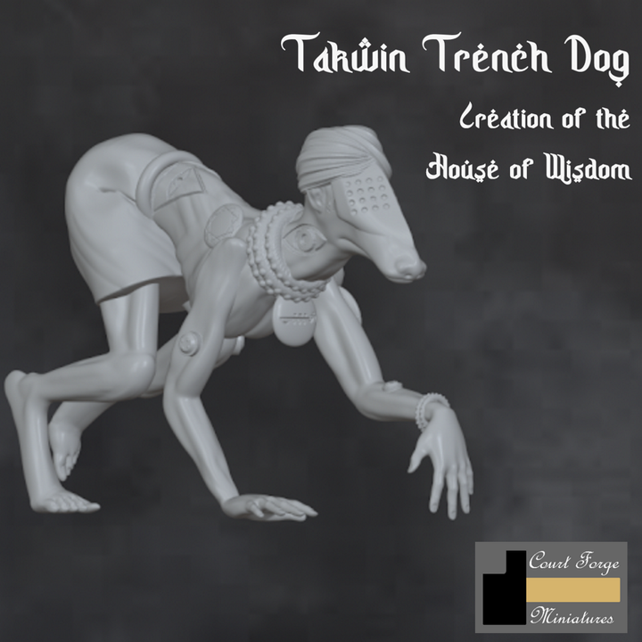 Takwin Trench Dog by CourtForgeMiniatures, is a proxy for Attack Dog, Mercy Dog, Takwin Homunculus, Trench Dog, Trench Dog (hell Hound), in Court of the Seven Headed Serpent, Cult of the Black Grail, Iron Sultanate, The Principality of New Antioch.