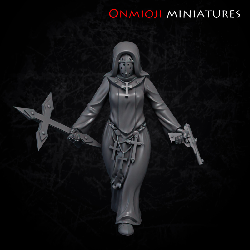 Nun with gun and cross-mace by Onmioji Miniatures, is a proxy for Stigmatic Nun, Trench Cleric, in The Principality of New Antioch, Trench Pilgrims.