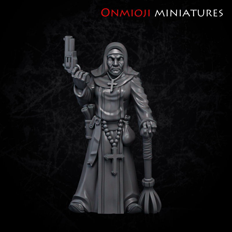 Nun with mace and gun - FDM supportless by Onmioji Miniatures, is a proxy for Stigmatic Nun, Trench Cleric, in The Principality of New Antioch, Trench Pilgrims.