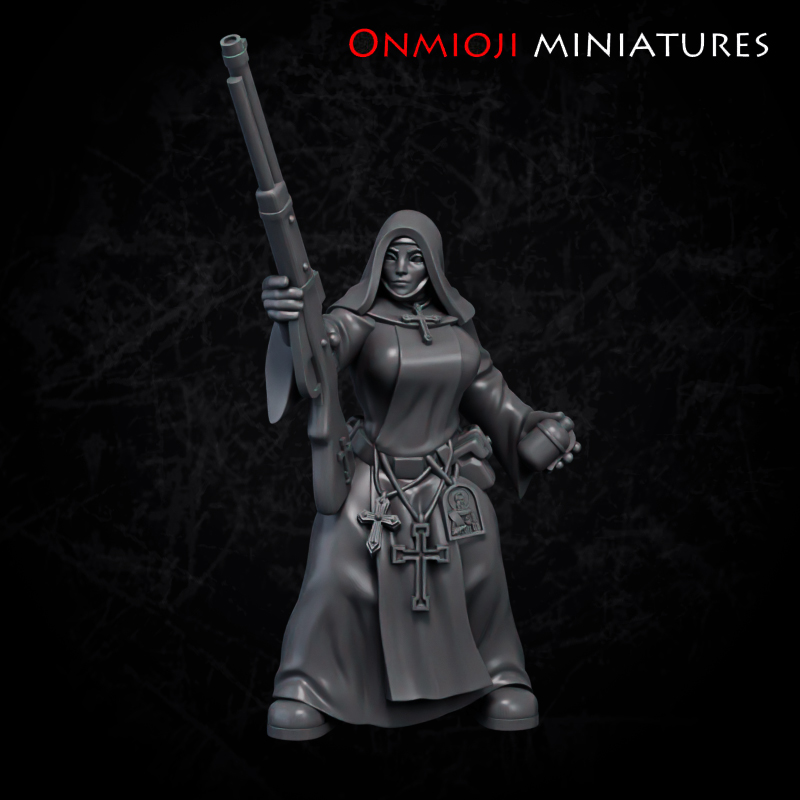 Nun with rifle and grenade by Onmioji Miniatures, is a proxy for Stigmatic Nun, Trench Cleric, in The Principality of New Antioch, Trench Pilgrims.