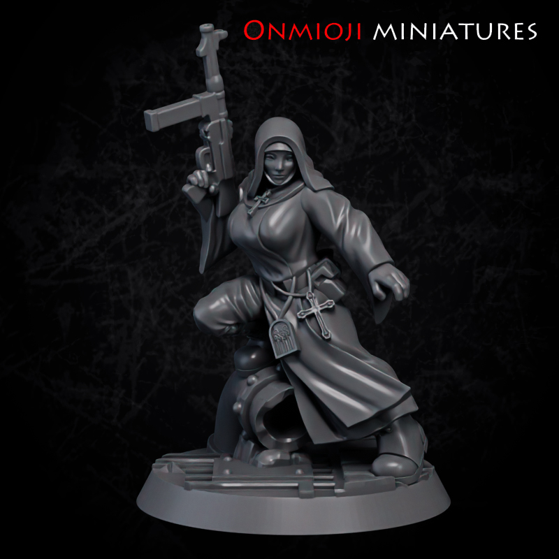 Nun with gun by Onmioji Miniatures, is a proxy for Stigmatic Nun, Trench Cleric, in The Principality of New Antioch, Trench Pilgrims.