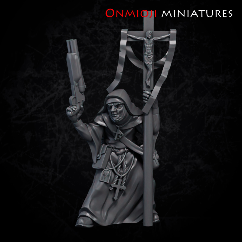 Nun with cross - FDM supportless by Onmioji Miniatures, is a proxy for Stigmatic Nun, Trench Cleric, in The Principality of New Antioch, Trench Pilgrims.