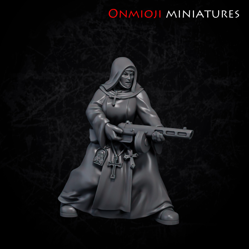 Nun with gun by Onmioji Miniatures, is a proxy for Stigmatic Nun, Trench Cleric, in The Principality of New Antioch, Trench Pilgrims.