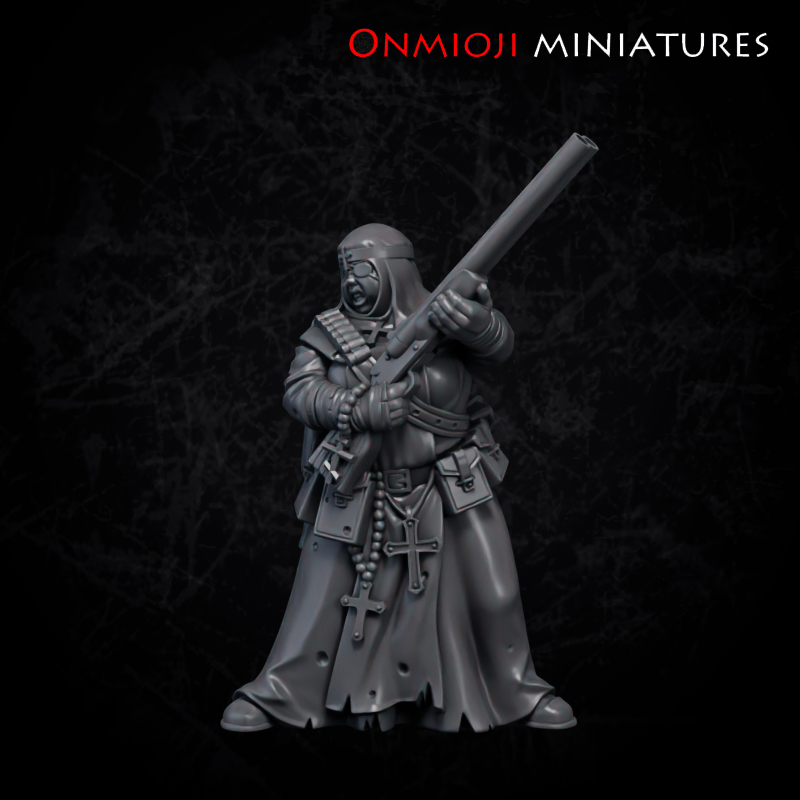 Nun with shotgun - FDM supportless by Onmioji Miniatures, is a proxy for Stigmatic Nun, Trench Cleric, in The Principality of New Antioch, Trench Pilgrims.