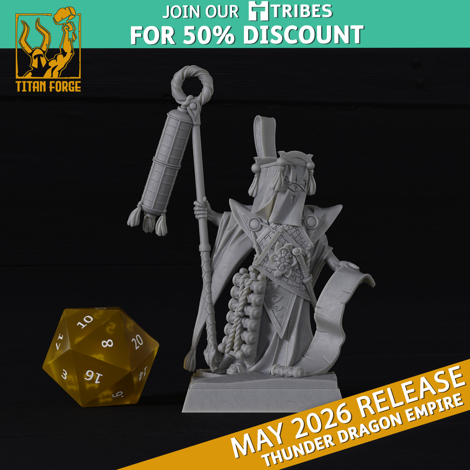 Thunder Mage - Thunder Dragon Empire - Titan Forge Miniatures May 2026 - Trench Crusade STL file for Scripture Guardian