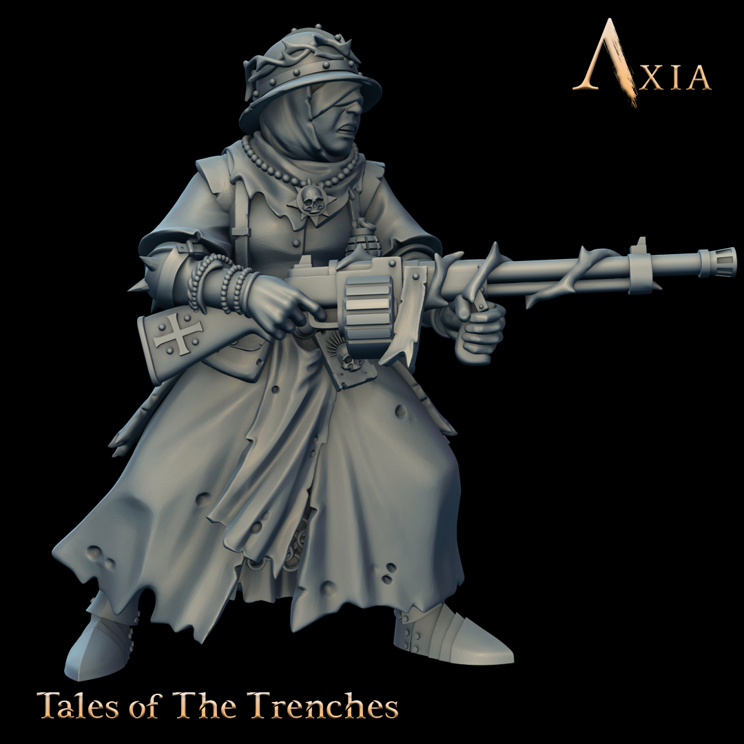 TAX027 - Blind sister with automatic rifle by Axia - Tales of the Old World, is a proxy for Trench Pilgrim, in Trench Pilgrims.