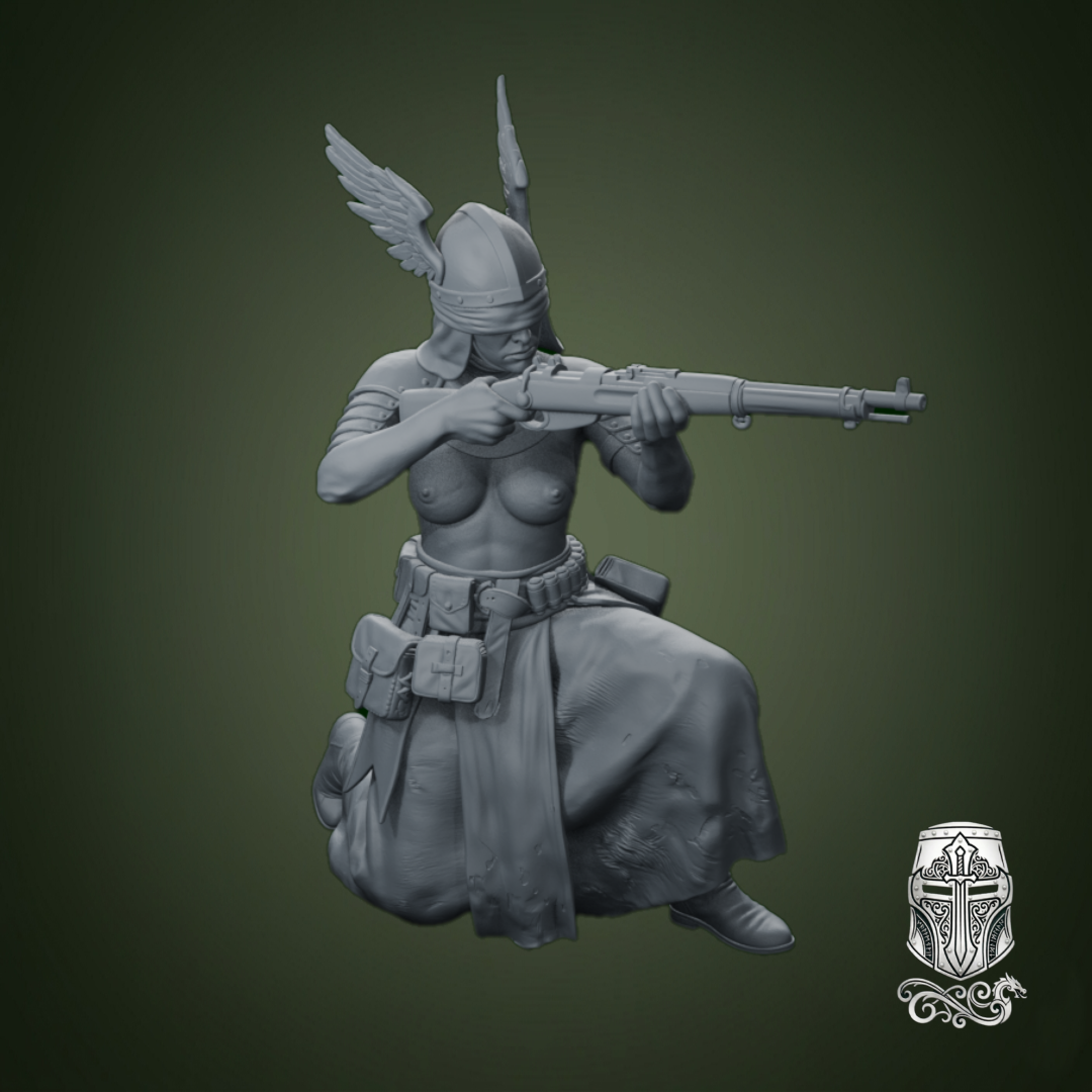 Blind Warrior Nun with Rifle – 32mm Grimdark Miniature for Wargames and RPGs by AlbusMiles, is a proxy for Sniper Priest, in The Principality of New Antioch.
