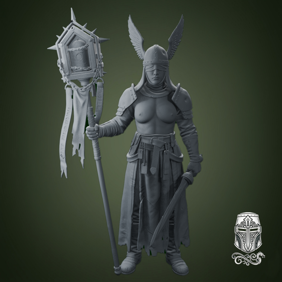 Blind Warrior Nun Standard Bearer – 32mm Grimdark Miniature for Wargames and RPGs by AlbusMiles, is a proxy for Trench Pilgrim, in Trench Pilgrims.