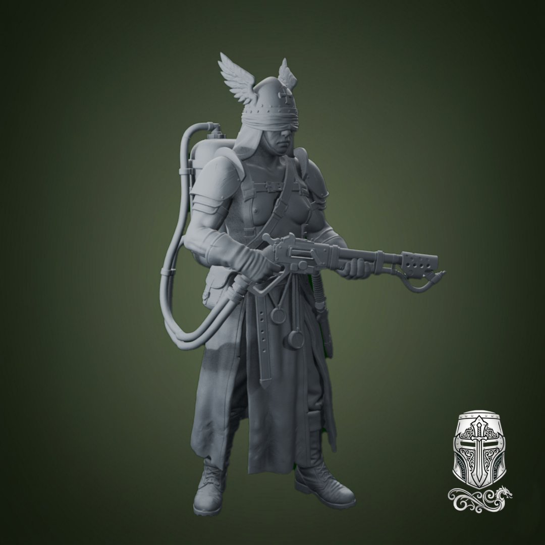 Blind Warrior Nun with Flamethrower – 32mm Grimdark Miniature for Wargames and RPGs by AlbusMiles, is a proxy for Trench Pilgrim, in Trench Pilgrims.