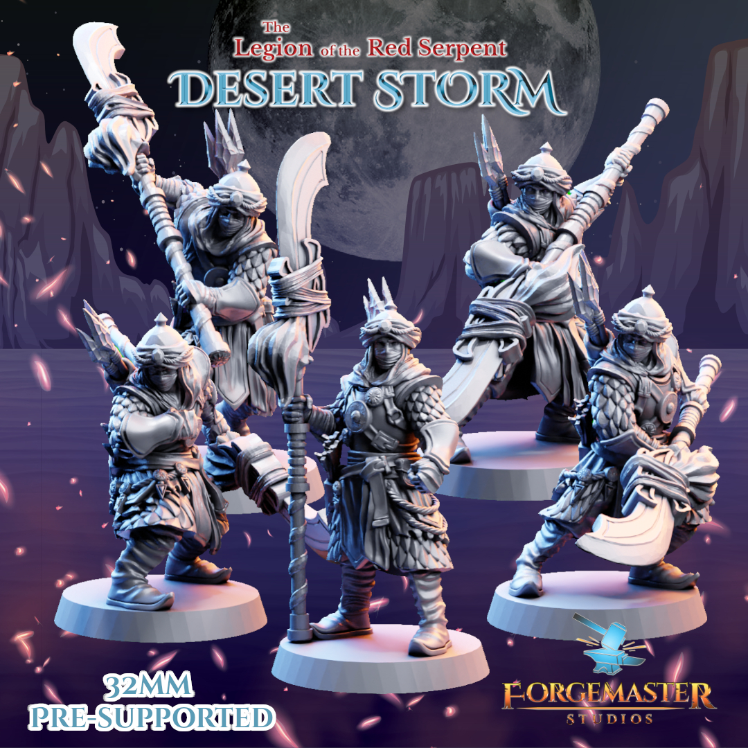Desert Polearm  Warriors - Desert Shadow Polearm Poses by Forgemaster Studios, is a proxy for Jannisary, Jannisary Officer, Sultanate Sapper, Yüzbaşı Captain, in Iron Sultanate.