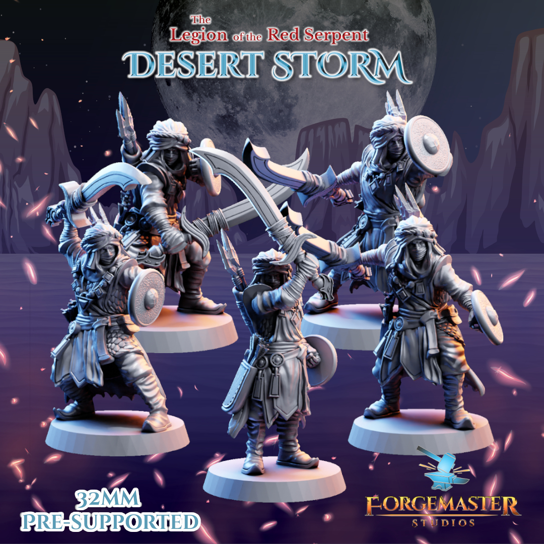 Desert Sword Warriors - Desert Shadow Sword Poses by Forgemaster Studios, is a proxy for Jannisary, Jannisary Officer, Master Assasin, Sultanate Assasin, Yüzbaşı Captain, in Iron Sultanate.