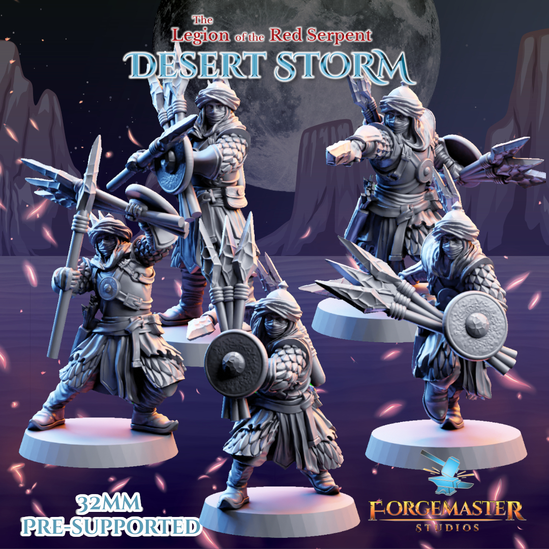 Desert Spear Warriors - Desert Shadow Spear Poses by Forgemaster Studios, is a proxy for Jannisary, Jannisary Officer, Mamluk Faris, Master Assasin, Sultanate Assasin, Sultanate Sapper, Yüzbaşı Captain, in Iron Sultanate, The Principality of New Antioch.
