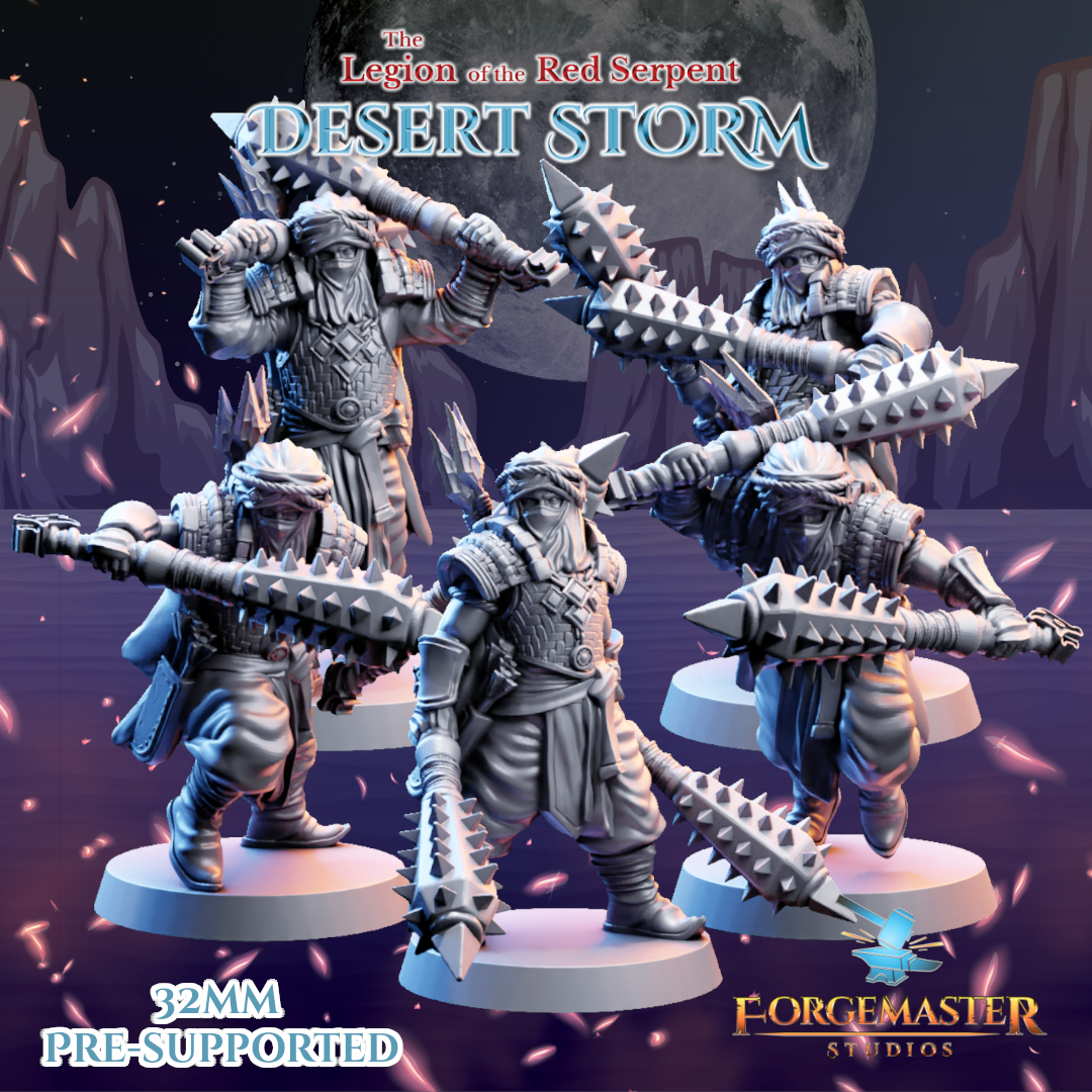 Desert Dual Mace Warriors - Desert Shadow Dual Mace Poses by Forgemaster Studios, is a proxy for Jannisary, Jannisary Officer, Yüzbaşı Captain, in Iron Sultanate.