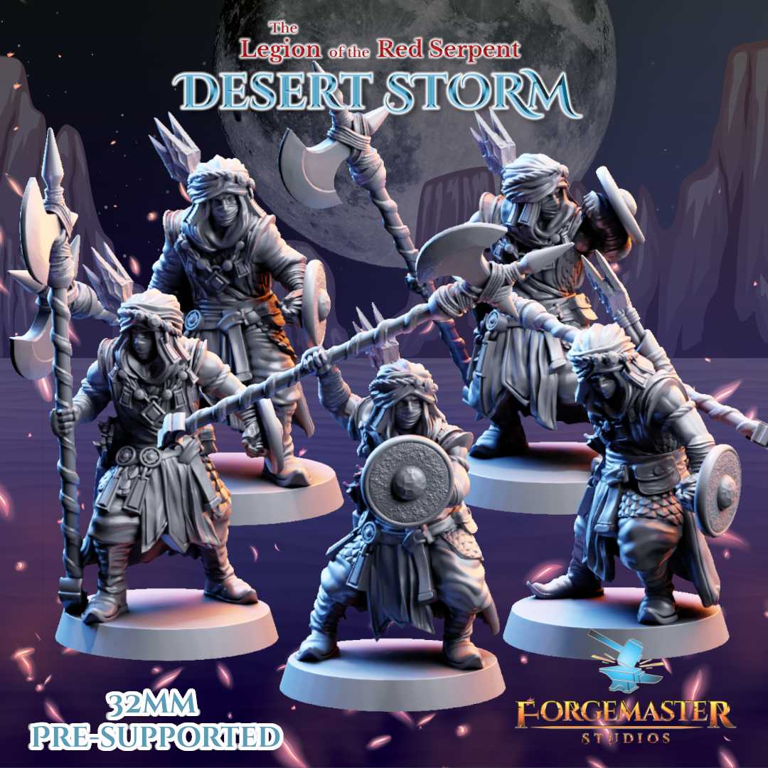 Desert Halberd Warriors - Desert Shadow Halberd Poses by Forgemaster Studios, is a proxy for Jannisary, Jannisary Officer, Mamluk Faris, Yüzbaşı Captain, in Iron Sultanate, The Principality of New Antioch.