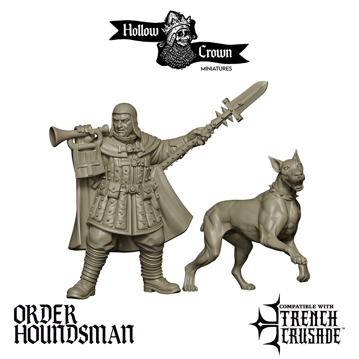 Cruciform Order of St George Houndsman and Hound by Hollow Crown Miniatures, is a proxy for Attack Dog, Guard Dog, Mercy Dog, Trench Dog, Yeoman, in The Principality of New Antioch.