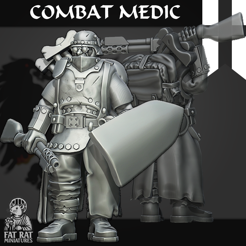TRENCH COMBAT MEDIC with shield CUSTOMISABLE by Fat Rat Minitures, is a proxy for Yeoman, in The Principality of New Antioch.