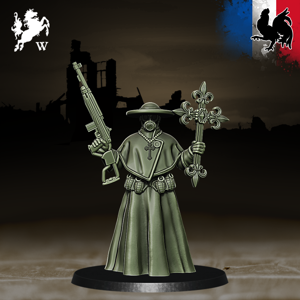 French - Priest by Westfalia Miniatures, is a proxy for Trench Cleric, in The Principality of New Antioch.