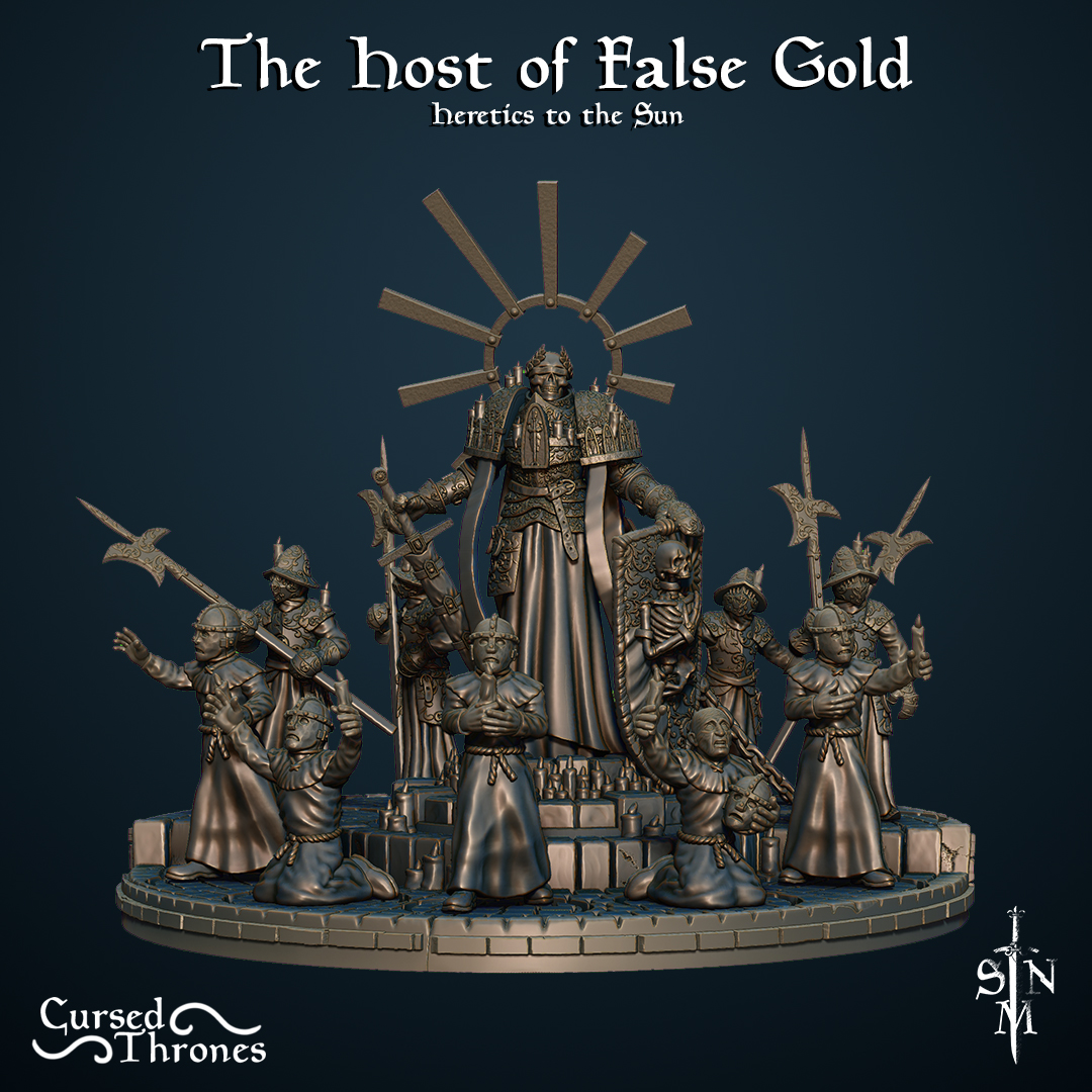 The Host of False Gold by Sir Nicholas Miniatures, is a proxy for Anointed Heavy Infantry, Heretic Trooper, Wretched, in Court of the Seven Headed Serpent, Heretic Legion.