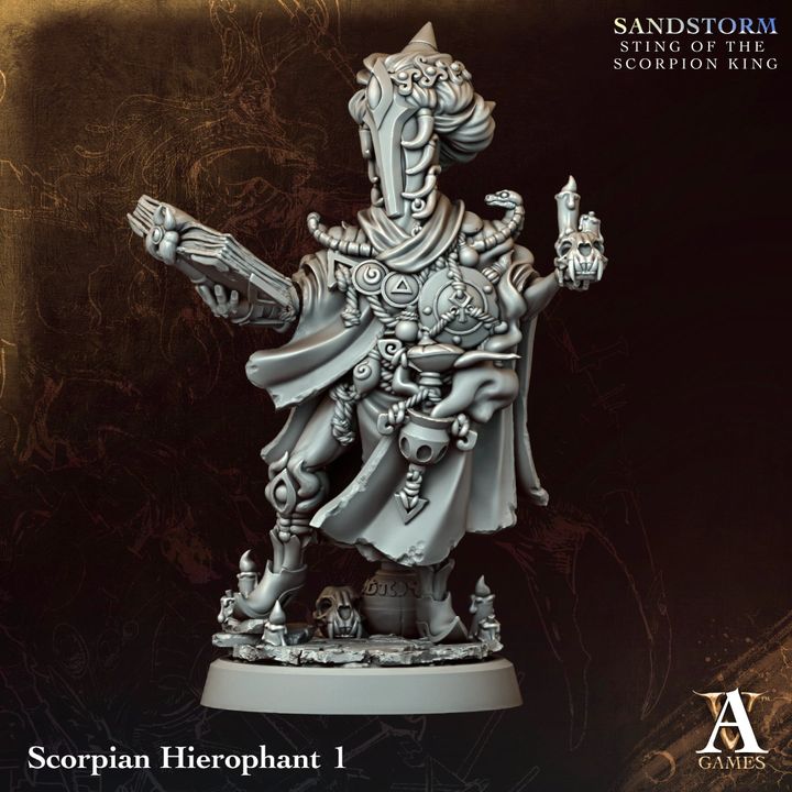 Scorpian Hierophant by Archvillain Games, is a proxy for Jabirian Alchemist, in Iron Sultanate.