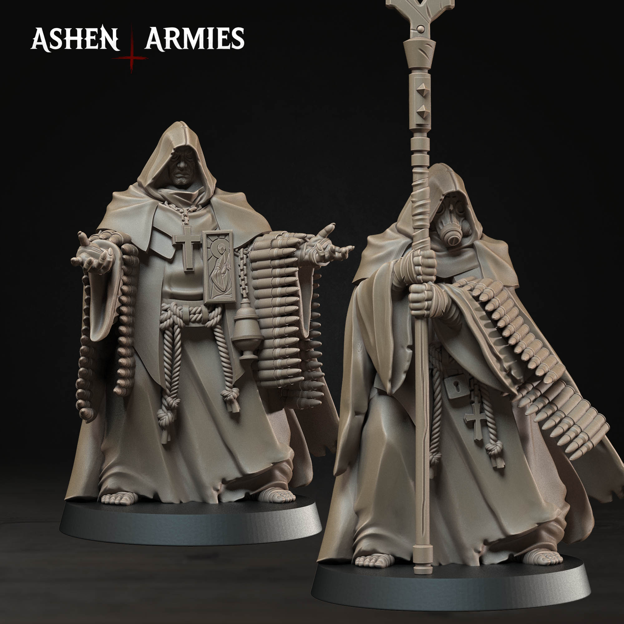 Bleeding Procession - Mendelist Ammo Monk (2 Models) (4 Vers.) by Ashen Armies, is a proxy for Mendelist Ammo Monk, in The Principality of New Antioch.