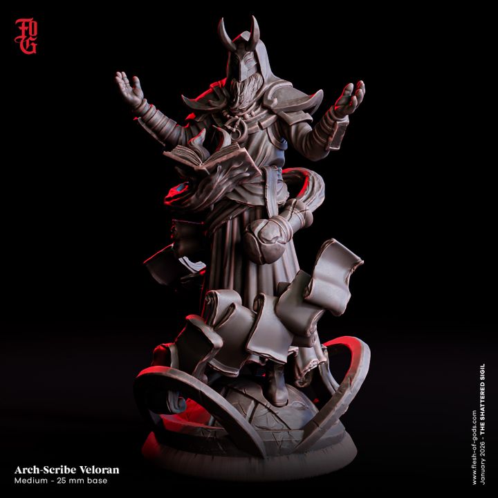 Arch-Scribe Velloran by Flesh of Gods, is a proxy for Heretic Priest, Sorcerer, in Court of the Seven Headed Serpent, Heretic Legion.