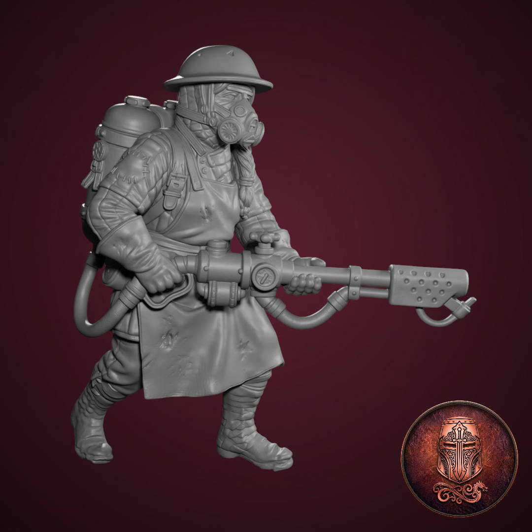 The Firebrand – Grimdark Flamethrower Specialist by AlbusMiles, is a proxy for Shocktrooper, in The Principality of New Antioch.