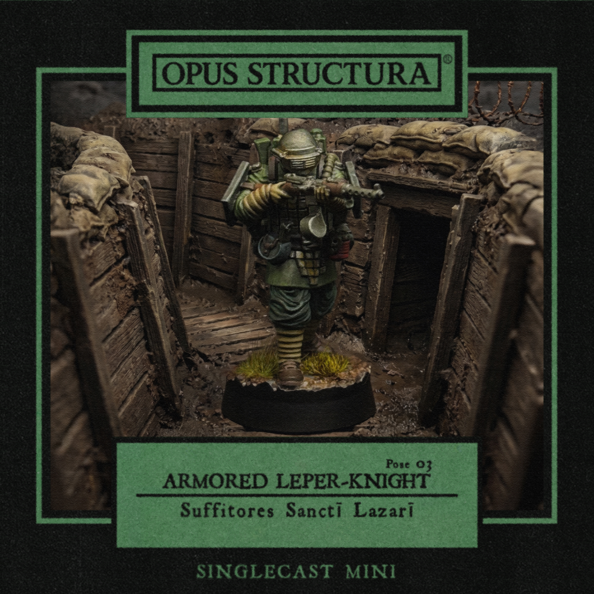Armored Leper-Knight (Singlecast Pose 3) by Opus Structura, is a proxy for Heretic Trooper, Shocktrooper, Yeoman, in Heretic Legion, The Principality of New Antioch.