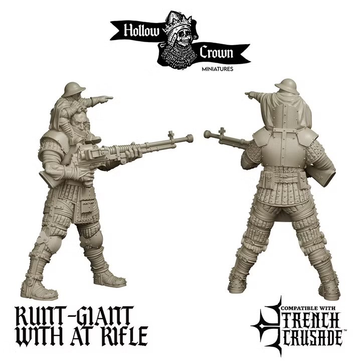 Cruciform Order of St George Runt-Giant with AT Rifle by HollowCrownMiniatures, is a proxy for Communicant Anti-Tank Hunter, in Trench Pilgrims.