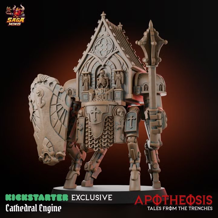 Cathedral Engine (60mm base) by Saga.miniatures, is a proxy for Anchorite Shrine, in Trench Pilgrims.