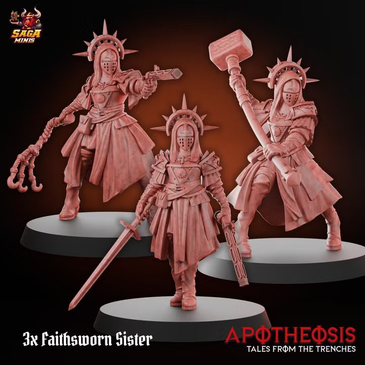 Faithsworn Sisters by Saga.miniatures, is a proxy for Stigmatic Nun, in Trench Pilgrims.
