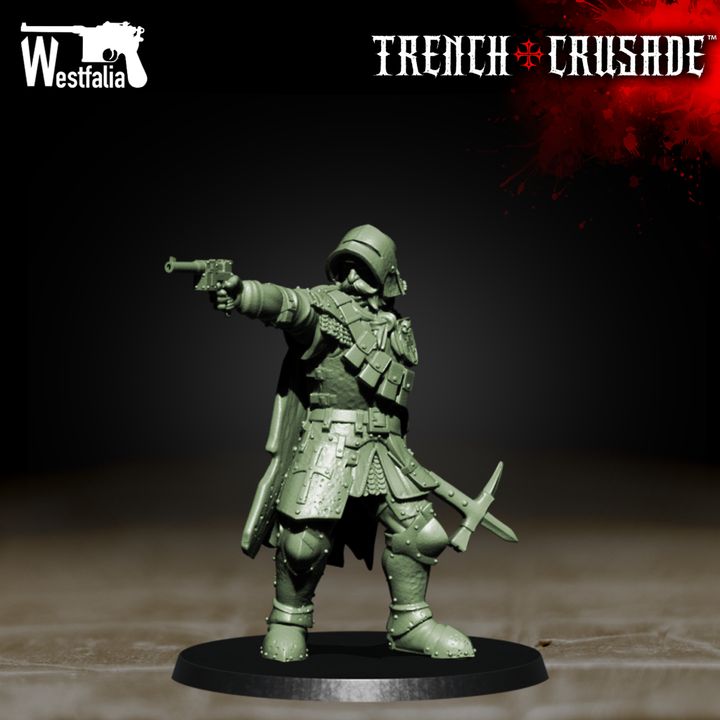 Red Brigade Lieutenant (open Visor) by Westfalia Miniatures, is a proxy for Eire Lieutenant, Highland Lieutenant, Lieutenant, in The Principality of New Antioch.