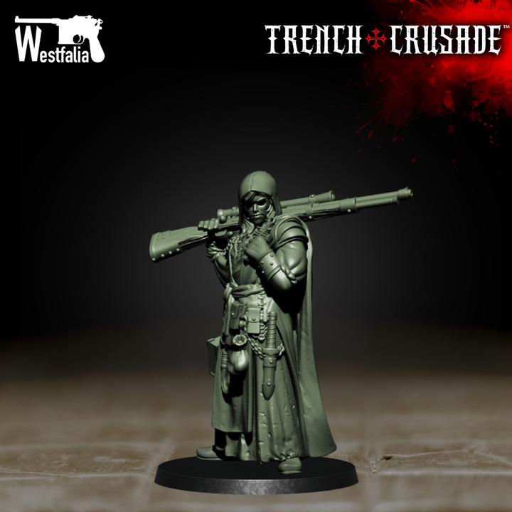 Red Brigade Sniper Prioress by Westfalia Miniatures, is a proxy for Sniper Priest, in The Principality of New Antioch.